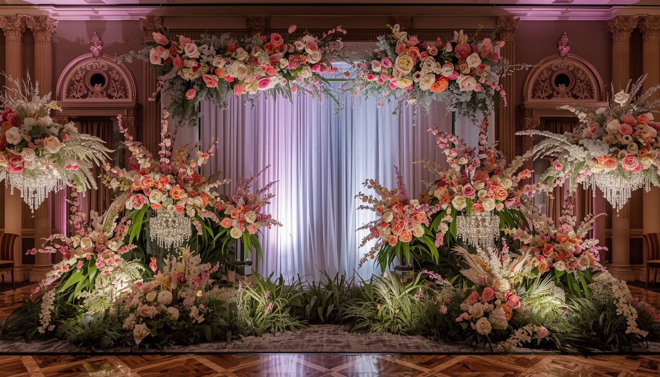 Elegant event backdrop with floral arrangements and custom lighting