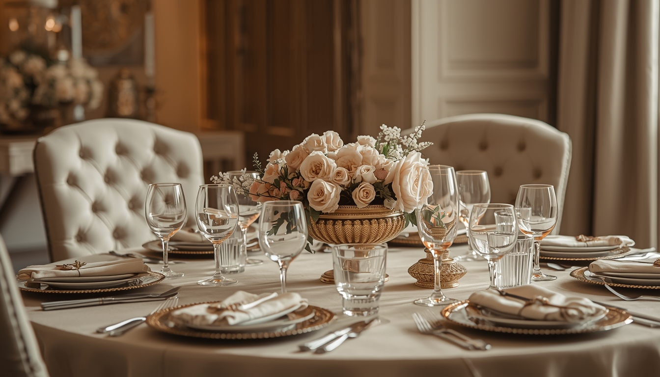Sophisticated table setting with centerpieces and elegant tableware