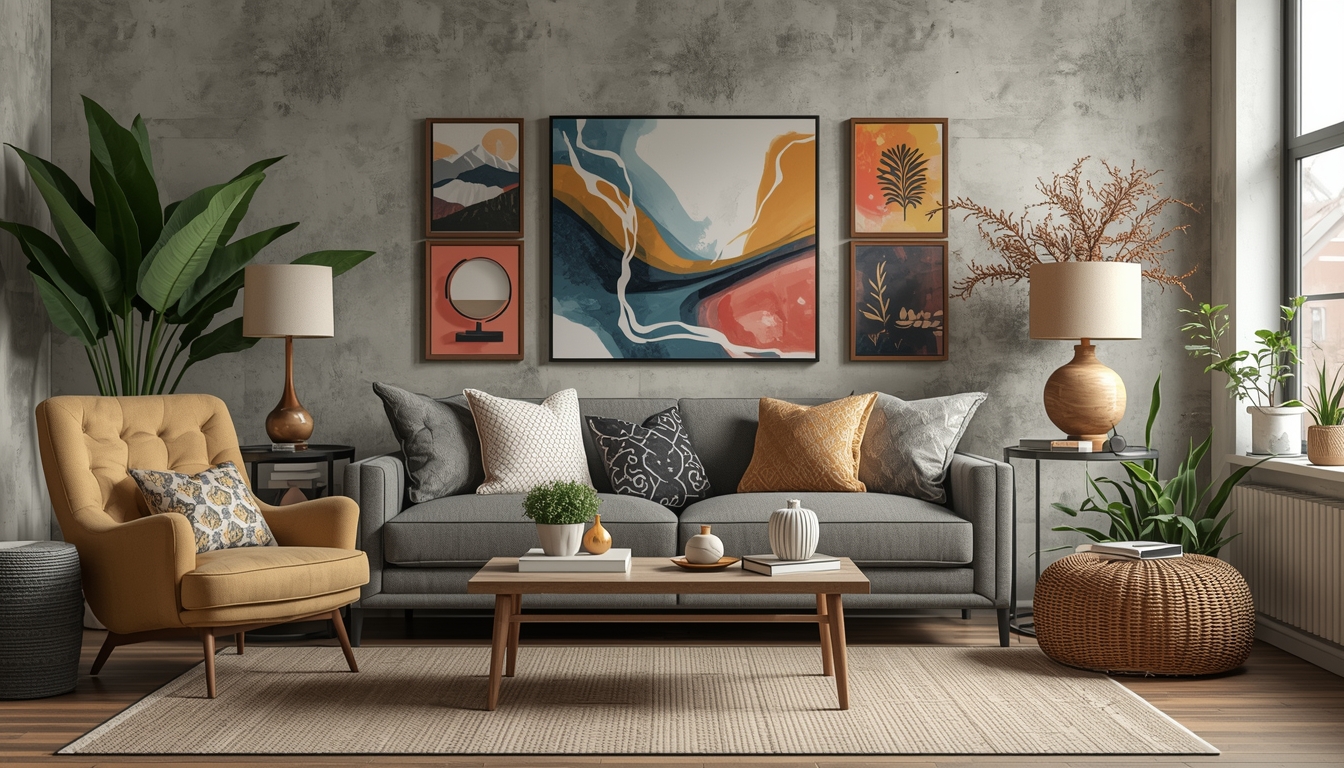 Diverse collection of decorative props including vintage furniture and modern accents